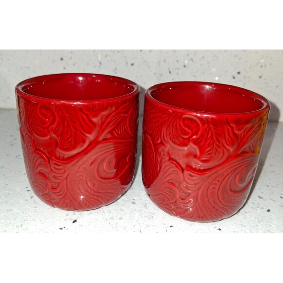 Rare HiEnd Accents Savanna Tooled Leather Look Stoneware Coffee Mugs Red St of 2 - Picture 5 of 9